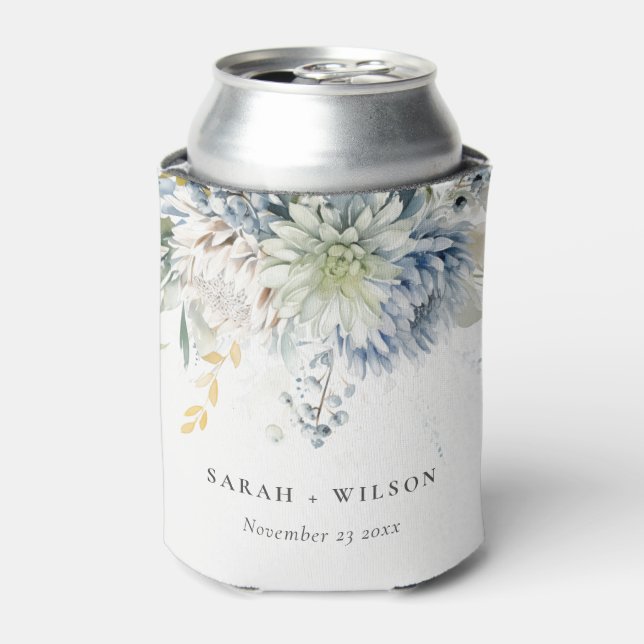 Soft Blue Green Succulent Floral Botanical Wedding Can Cooler (Can Front)