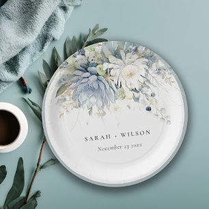 Soft Blue Green Succulent Floral Botanical Wedding Paper Plate