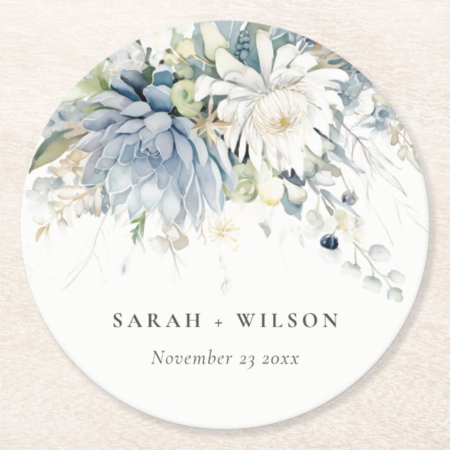 Soft Blue Green Succulent Floral Botanical Wedding Round Paper Coaster (Front)