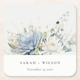 Soft Blue Green Succulent Floral Botanical Wedding Square Paper Coaster