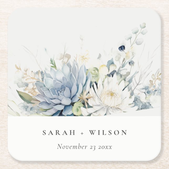 Soft Blue Green Succulent Floral Botanical Wedding Square Paper Coaster (Front)