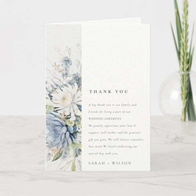 Soft Blue Green Succulent Floral Botanical Wedding Thank You Card (Front)