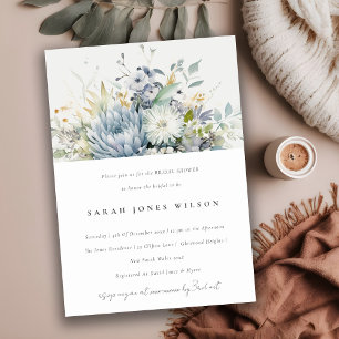 Soft Blue Green Succulent Floral Bridal Shower Invitation