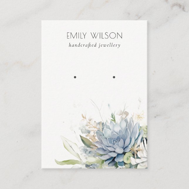 Soft Blue Green Succulent Floral Earring Display Business Card (Front)