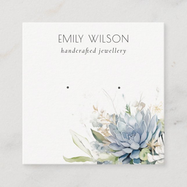 Soft Blue Green Succulent Floral Earring Display Square Business Card (Front)