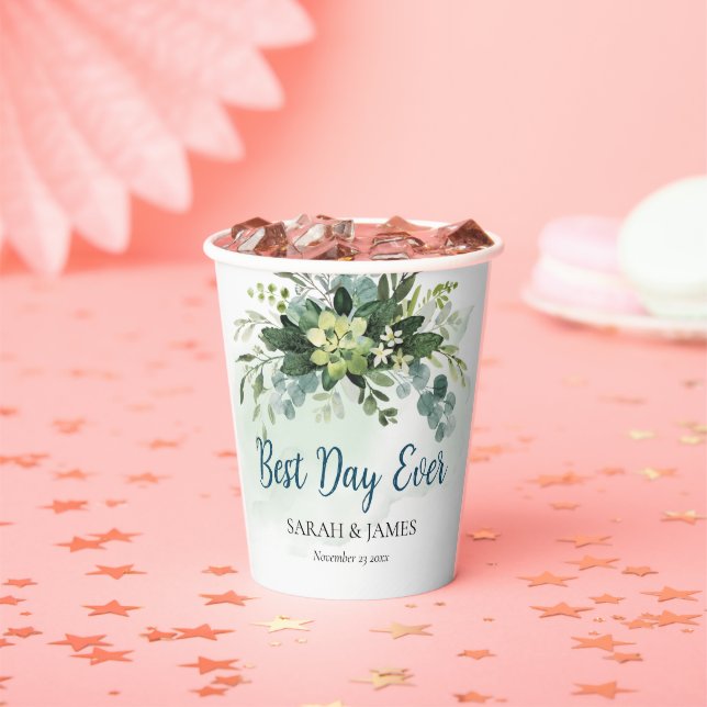 Soft Blue Green Succulent Wedding Floral Botanical Paper Cups (Insitu)