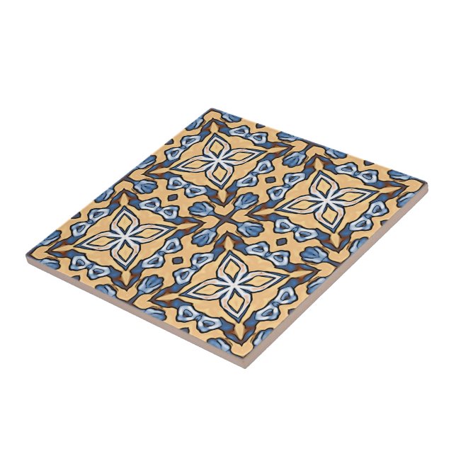 Soft Blue Grey Cream Yellow Brown Ethnic Tribe Art Tile (Side)