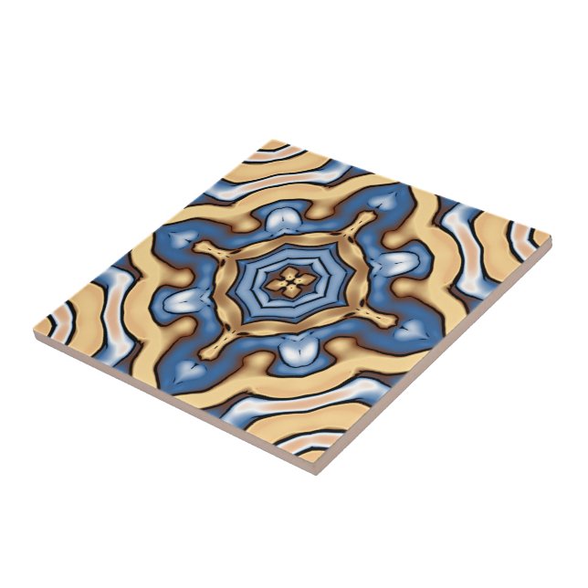 Soft Blue Grey Cream Yellow Brown Ethnic Tribe Art Tile (Side)