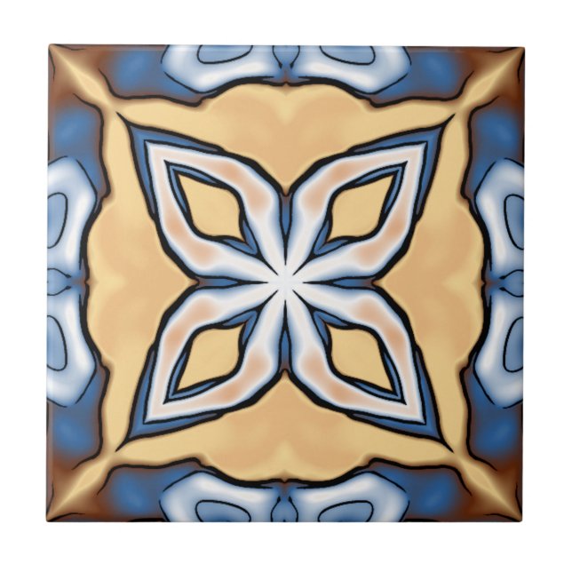 Soft Blue Grey Cream Yellow Brown Ethnic Tribe Art Tile (Front)