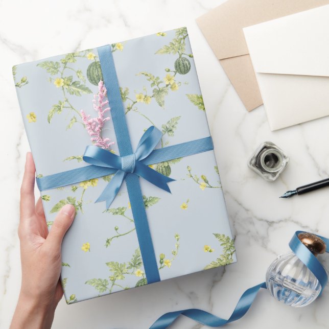Soft Blue Grey Mini Watermelon Botanical Wrapping Paper (Gifting)