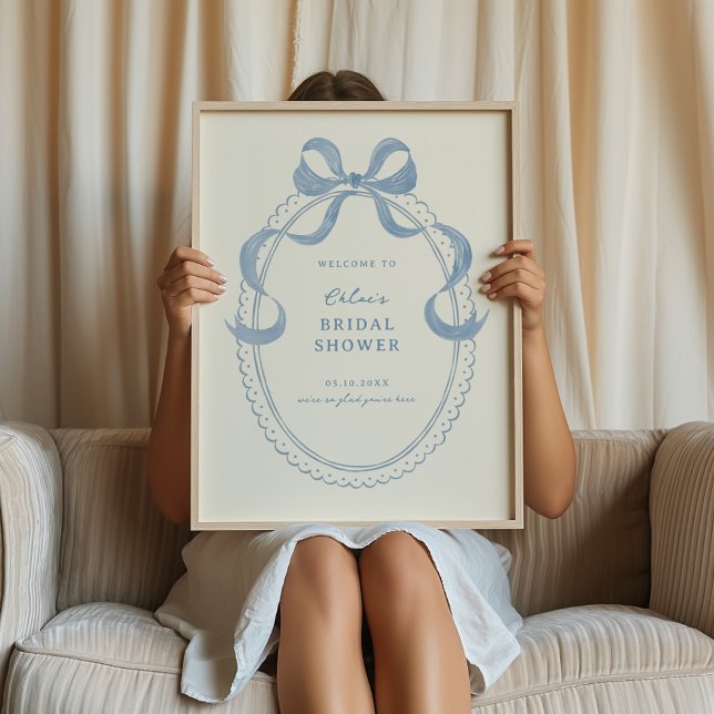 Soft Blue Hand Drawn Bow Bridal Shower Welcome Poster (Creator Uploaded)