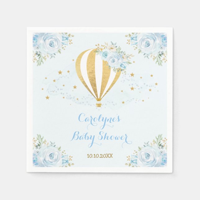 Soft Blue Hot Air Balloon Adventure Baby Shower Napkin (Front)