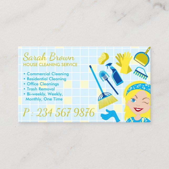 Soft Blue House Cleaning Janitorial Gloved Apron M Business Card (Front)
