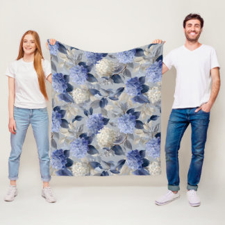 Soft Blue Hydrangea Grey Floral Pattern Fleece Blanket