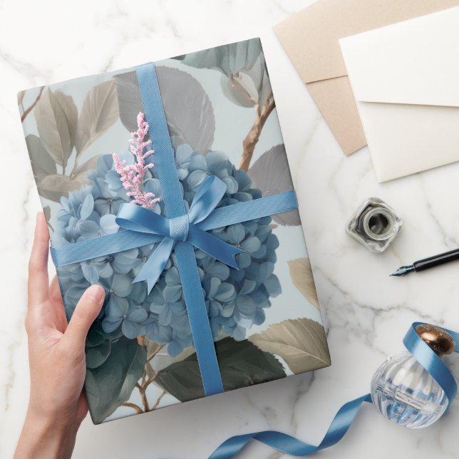 Soft Blue Hydrangea Grey Floral Pattern Wrapping Paper (Gifting)