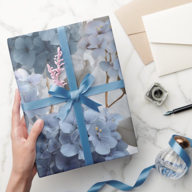 Soft Blue Hydrangea Grey Floral Pattern Wrapping Paper (Gifting)