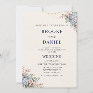 Soft Blue Hydrangea Pink Blossom Wedding Invitation