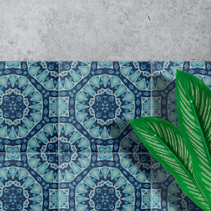 Soft Blue Indigo Kaleidoscope Geometric Pattern Tile