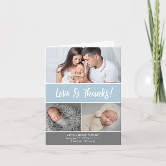 Soft blue Love & Thanks Photo Collage Baby Shower  Thank You Card (Front)