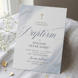 Soft Blue Marble Cross Baptism  Invitation