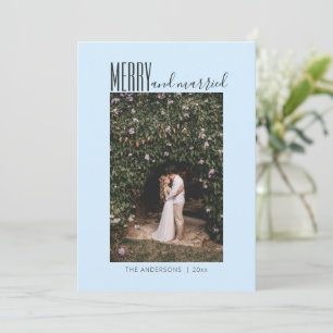 Soft Blue Minimal Merry Married Wedding Two Photo Holiday Card