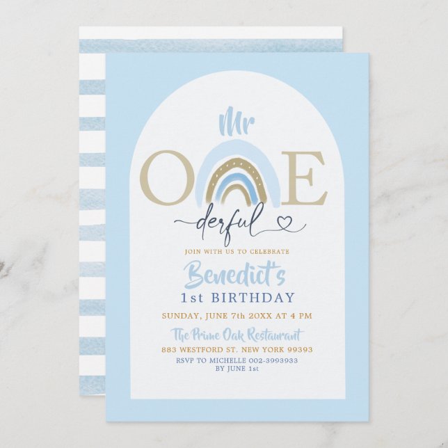 Soft Blue Minimalist Mr Onederful Boy's Birthday Invitation (Front/Back)