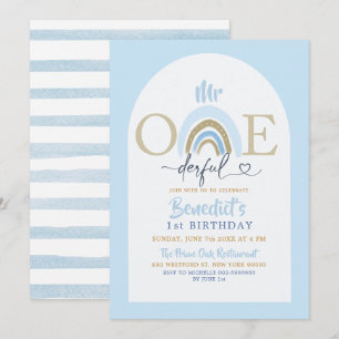 Soft Blue Minimalist Mr Onederful Boy's Birthday Invitation