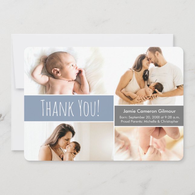 Soft Blue Modern Baby boy Photo Collage Thank You Card (Front)