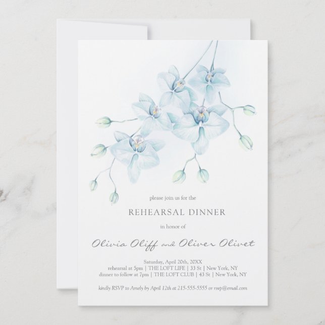 Soft Blue Orchid Rehearsal Dinner Invitation (Front)