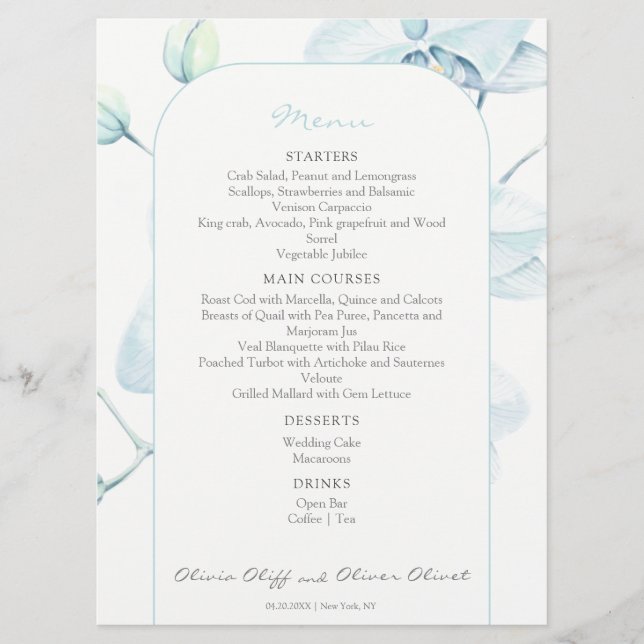 Soft Blue Orchid Wedding Menu (Front)