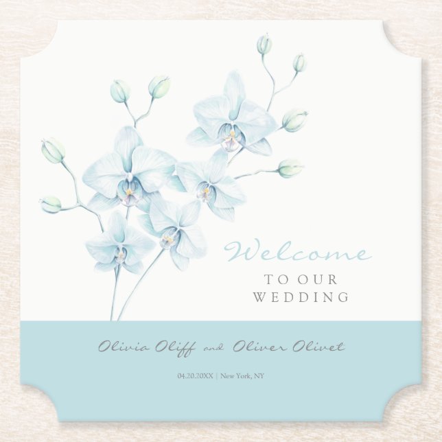 Soft Blue Orchid Wedding Welcome Paper Coaster (Front)