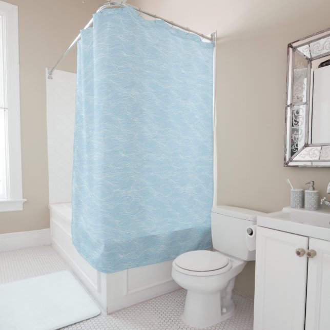 Soft Blue Organic Wave Pattern Bathroom Decor Shower Curtain (In Situ)