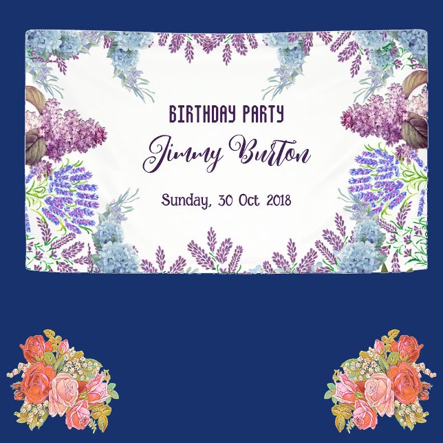 Soft Blue Pastel Hydrangeas Purple Lilac Birthday  Banner (Soft Blue Pastel Hydrangeas Purple Lilac Birthday Banner)
