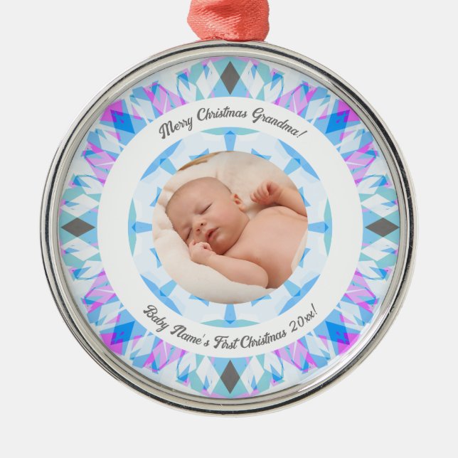 Soft Blue Pastels Custom Christmas Grandma Photo Metal Tree Decoration (Front)