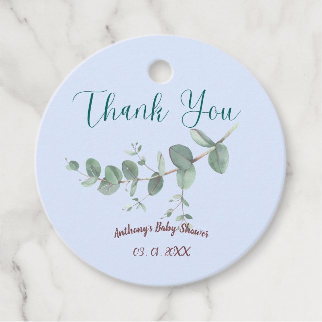 Soft Blue Personalised Botanical Favour Tag (Front)
