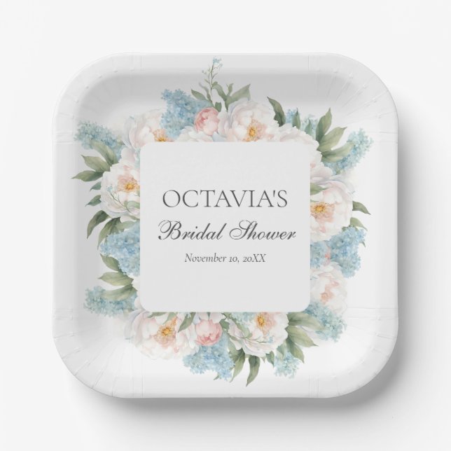 SOFT BLUE PINK BLOOMING FLOWERS BRIDAL MONOGRAM PAPER PLATE (Front)
