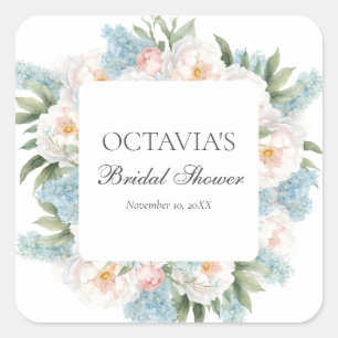 SOFT BLUE PINK BLOOMING FLOWERS BRIDAL MONOGRAM SQUARE STICKER