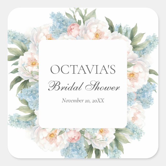 SOFT BLUE PINK BLOOMING FLOWERS BRIDAL MONOGRAM SQUARE STICKER (Front)