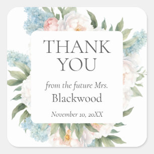 SOFT BLUE PINK BLOOMING FLOWERS BRIDAL Thank You Square Sticker