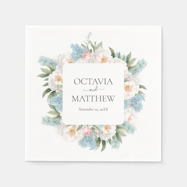 SOFT BLUE PINK BLOOMING FLOWERS MONOGRAM WEDDING NAPKIN (Front)