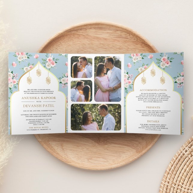 Soft Blue Pink Floral All in One Indian Wedding Tri-Fold Invitation (Creator Uploaded)