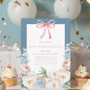 Soft Blue Pink Floral Bow Baby Shower Brunch Invitation