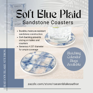Soft Blue Plaid Round Sandstone Coaster