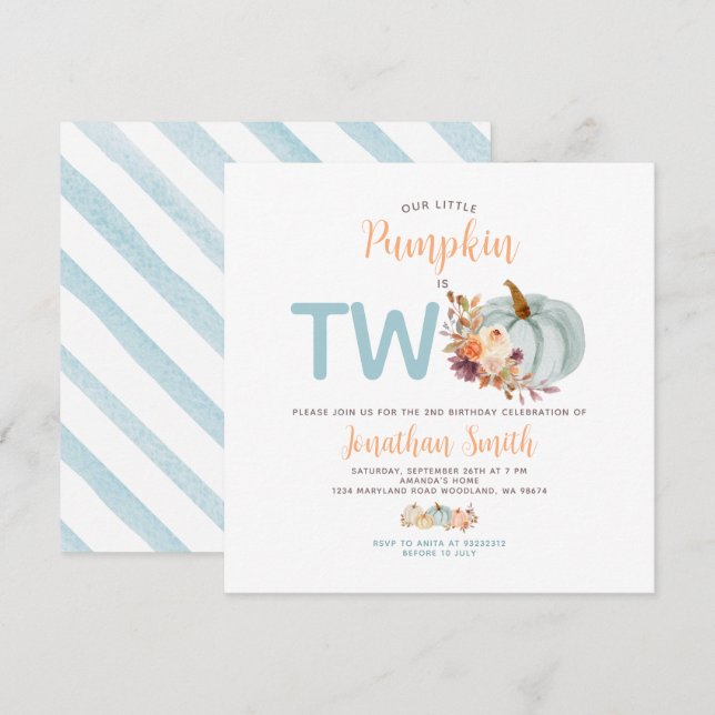 Soft Blue Pumpkin Is Two Birthday Rustic Floral Invitation (Front/Back)