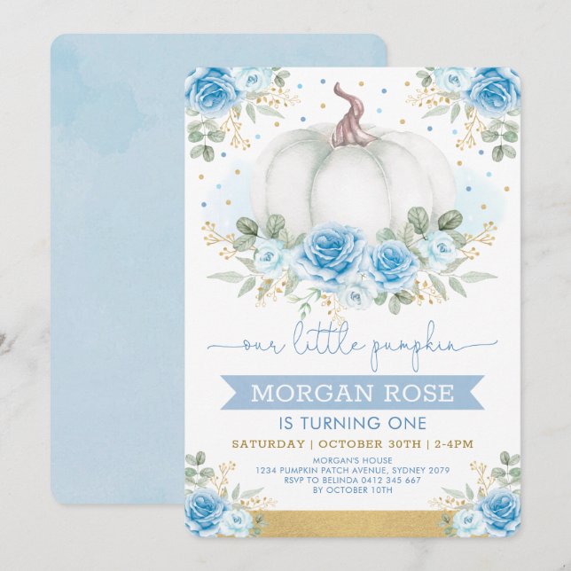 Soft Blue Pumpkin Watercolor Roses Baby Shower Invitation (Front/Back)