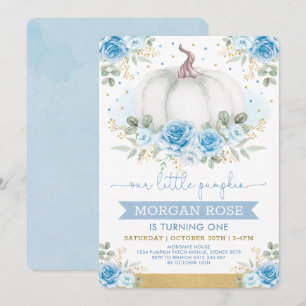 Soft Blue Pumpkin Watercolor Roses Baby Shower Invitation