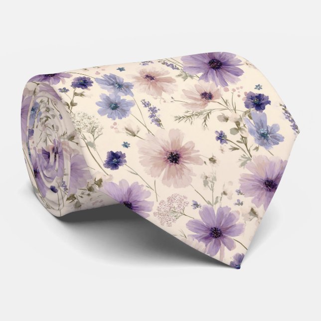 Soft Blue & Purple Cosmos Wildflower Wedding Tie (Rolled)