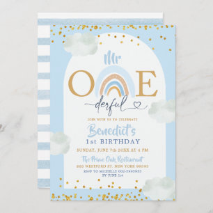 Soft Blue Rainbow Mr Onederful Boy's Birthday Invitation