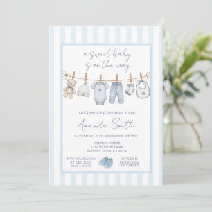 Soft Blue Rustic Hanging Clothesline Baby Shower Invitation