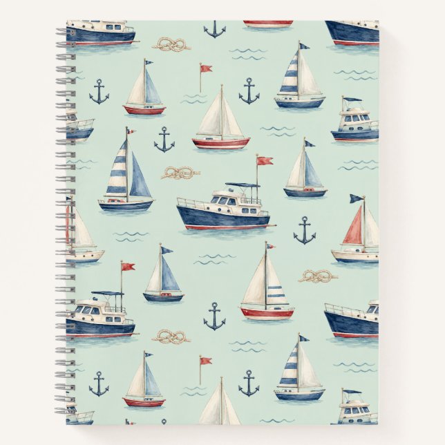 Soft Blue Sailboat Watercolor Coastal Pattern Notebook (Front)